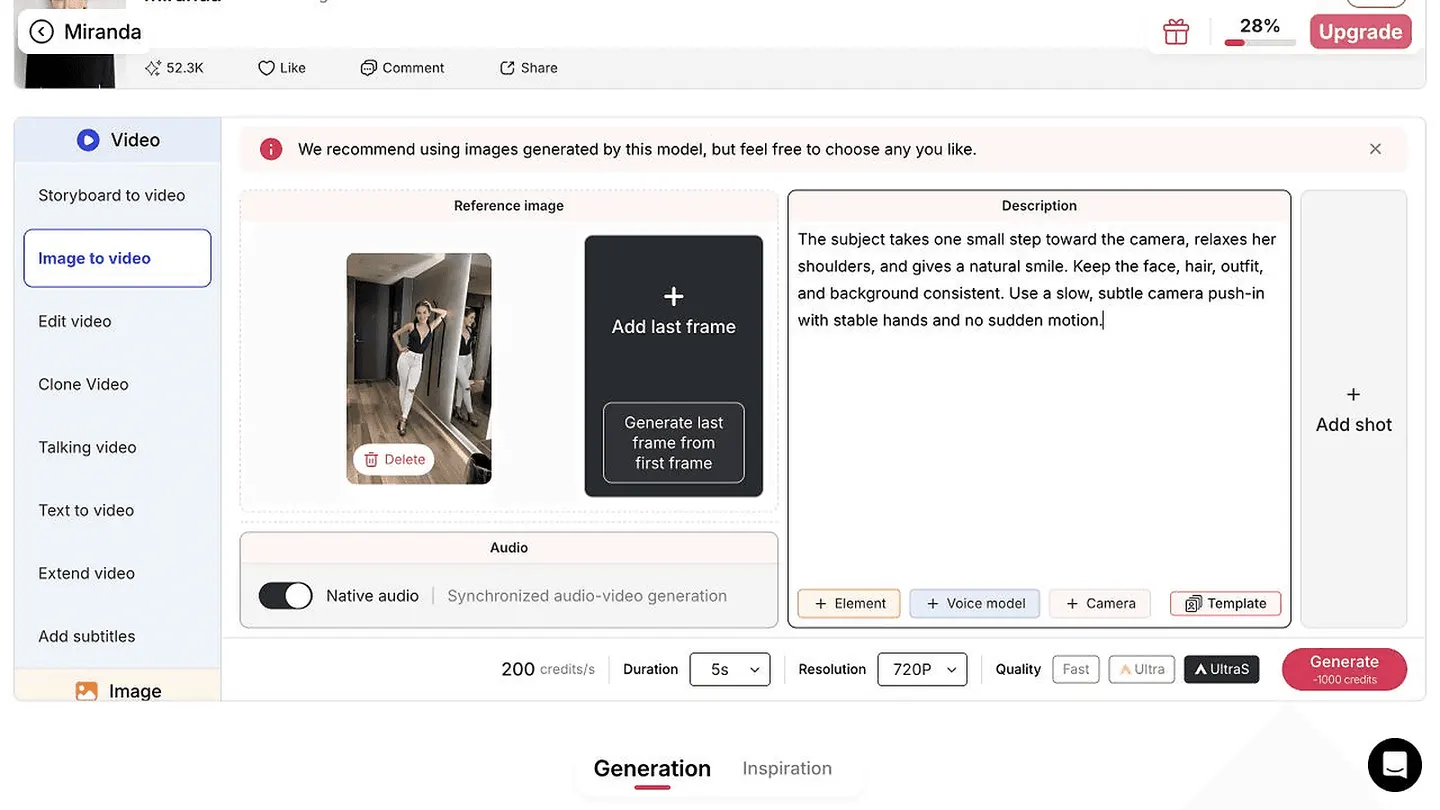 Controles de imagem de referência e prompt de movimento no APOB AI com o modelo público Community Miranda