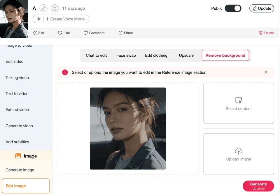 Remove background tool creating a transparent PNG portrait