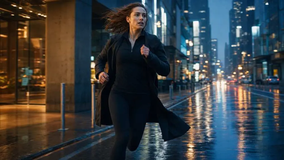Coureuse cinématographique dans une ville sous la pluie illustrant la qualité du mouvement d’un workflow vidéo IA alternatif à Runway Gen-4.5.