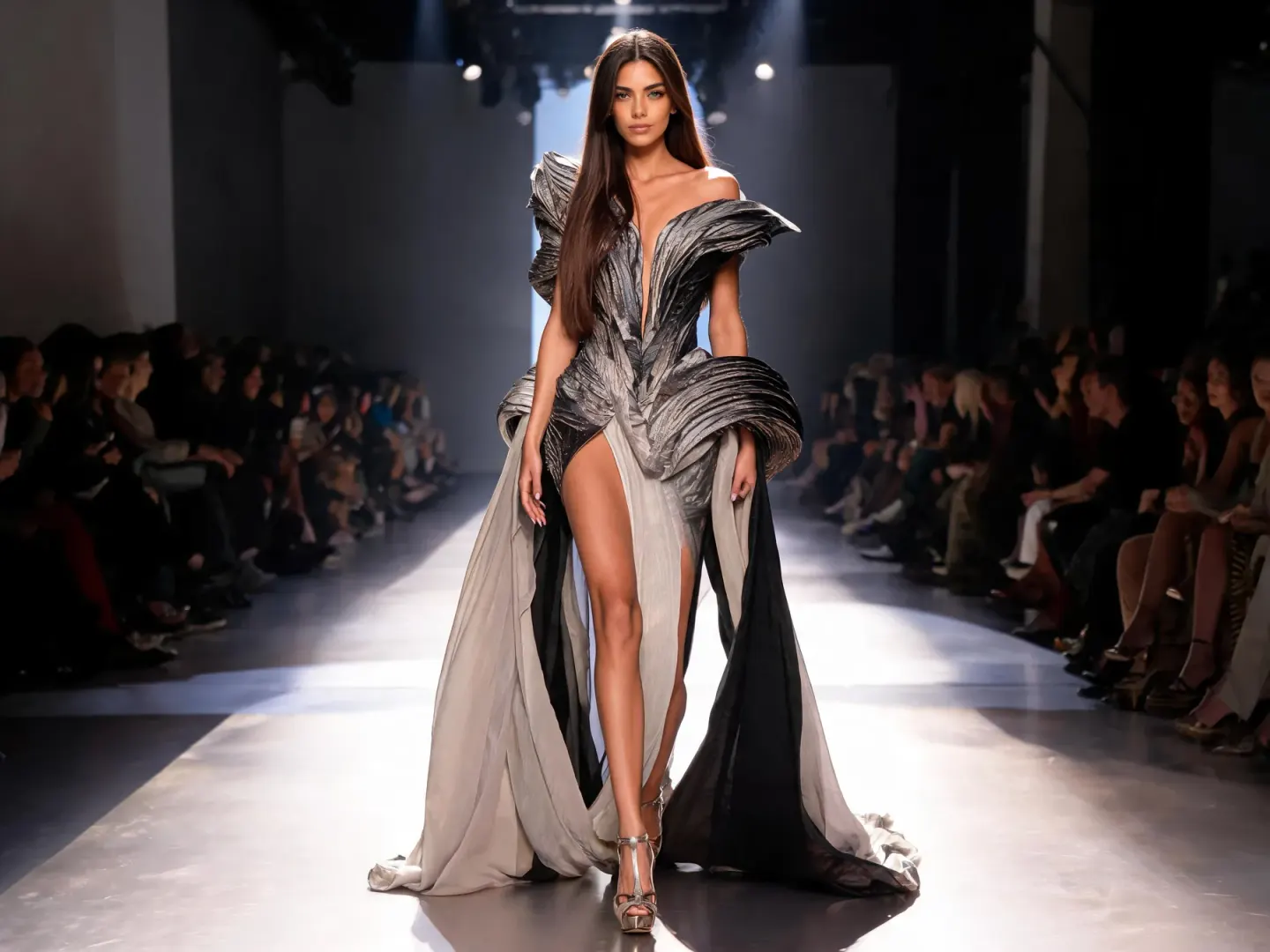 Mannequin de défilé en robe sculpturale argentée et noire sous les projecteurs