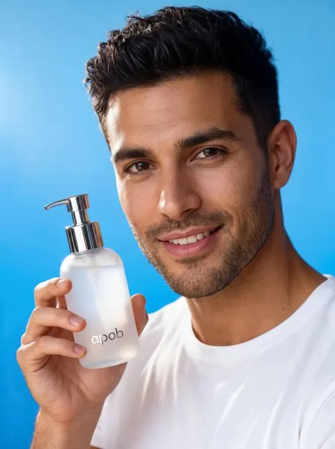 Ein weiterer Mann wirbt für APOB-Gesichtsreiniger mit frischem Look, Seedream 4.0 kostenlos.
