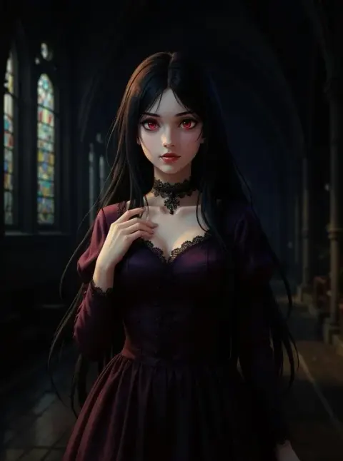 Sexy Goth-KI-Anime-Mädchen im viktorianischen Kleid in einer dunklen Kathedrale