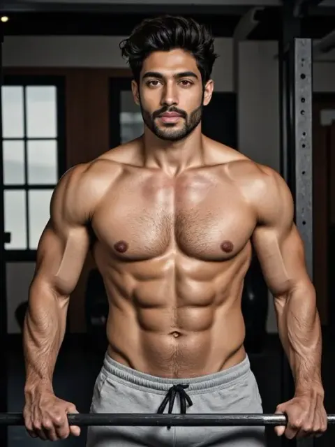 Mann ohne Hemd posiert mit einer Langhantel in einem Fitnessstudio