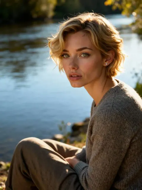 Mädchen mit kurzen blonden Haaren nachdenklich am Fluss, Luma AI Dream Machine