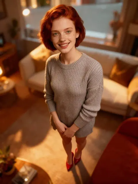 Lächelnde Frau mit kurzen Haaren, roten High Heels und Pullover, Seedream 4.0 kostenlos.