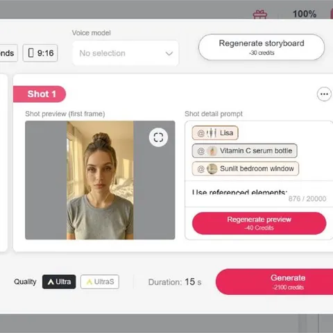 Caixa de diálogo de geração de storyboard da APOB AI com YouTube Shorts, 15 segundos, 9:16 e um briefing de produção