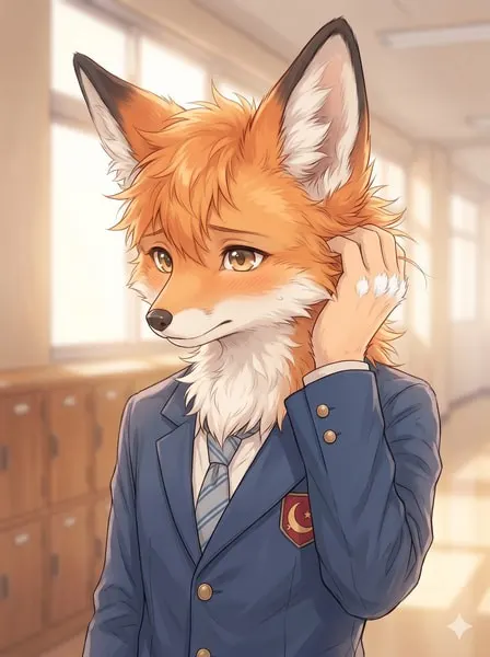 Schüchterner Fuchs-Furry-Femboy-Pfp, der sein Ohrflusen richtet.