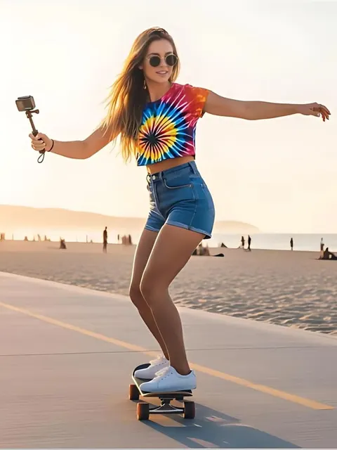 Skateboardendes Mädchen mit offenem Haar, erstellt mit dem Wan 2.2 Videogenerator.