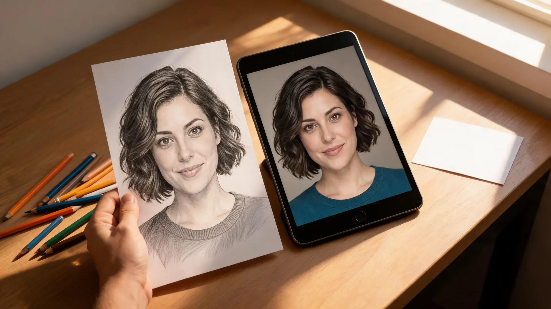 Sketch of a fictional portrait beside its finished color image on a studio tablet