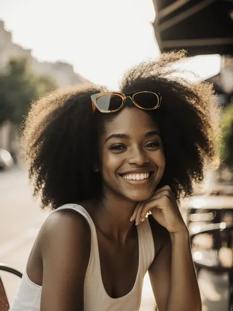 Lächelnder KI-Influencer mit lockigem Haar in einem Straßencafé