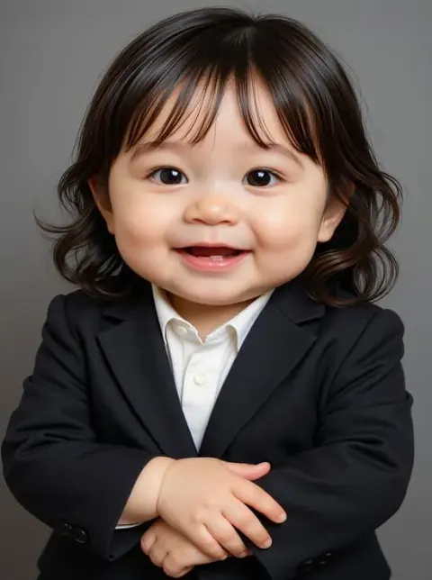 Smiling baby in a formal black suit and white shirt