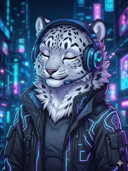 Schneeleopard-Furry-Femboy-Profilbild, das Musik mit Kopfhörern genießt.