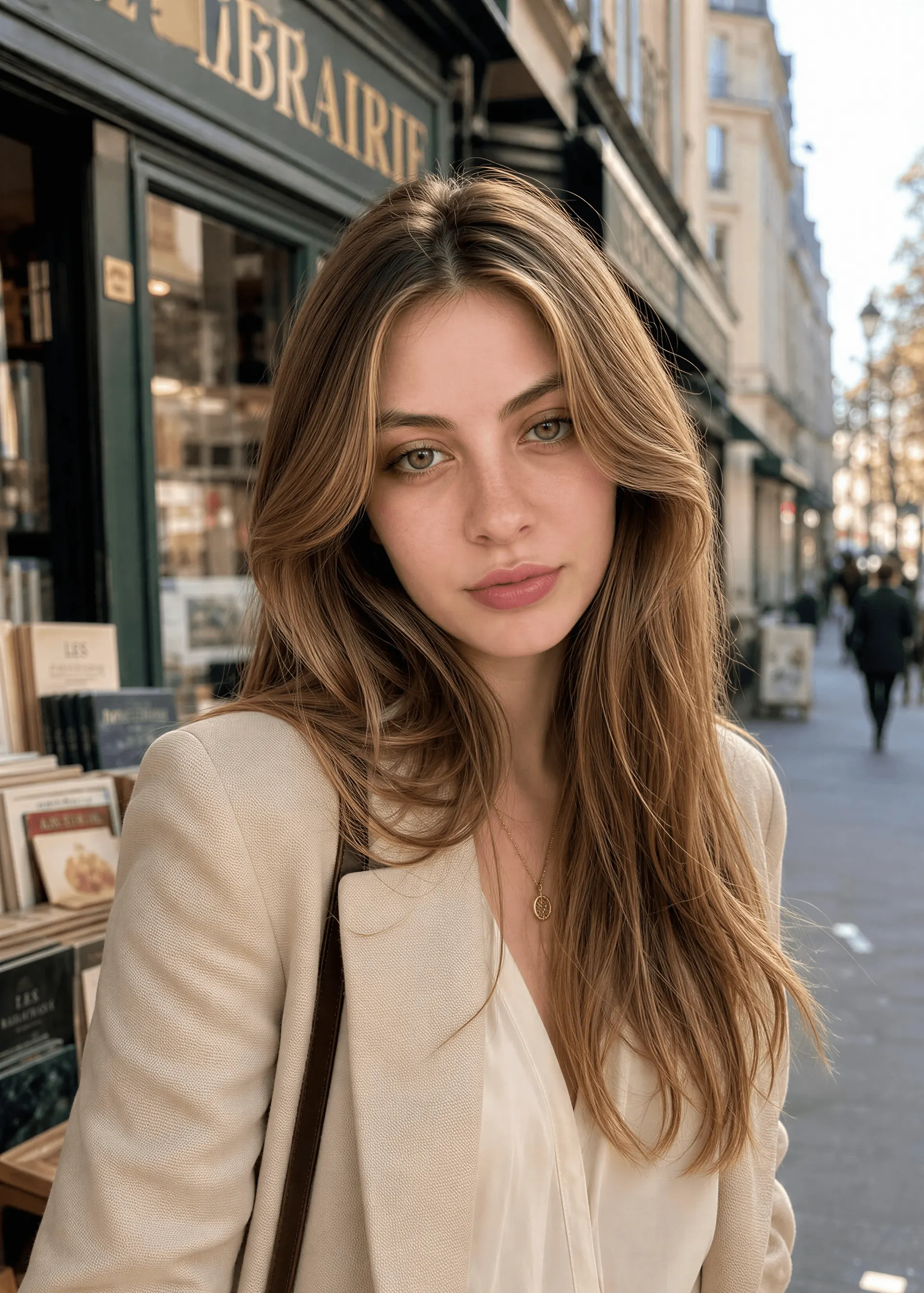 Retrato com foco suave de uma mulher do lado de fora de uma biblioteca municipal