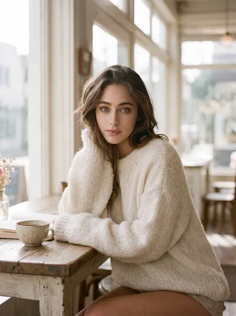Ambiance douce de café entre filles créée avec le générateur esthétique APOB.
