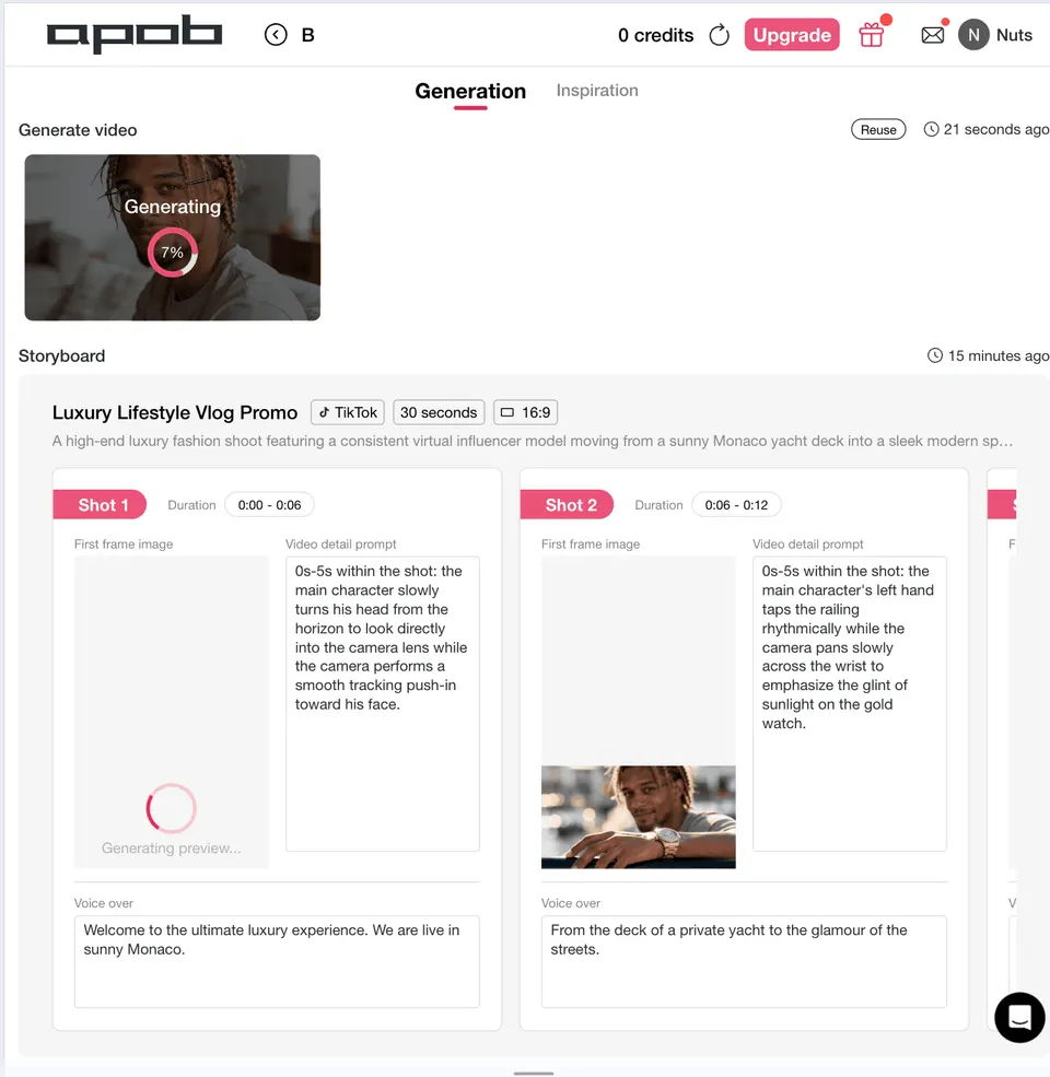 Storyboard dashboard with preview progress and scene timeline cards
