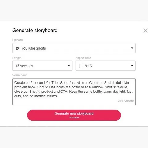 Janela do storyboard com duração do YouTube Shorts e formato vertical