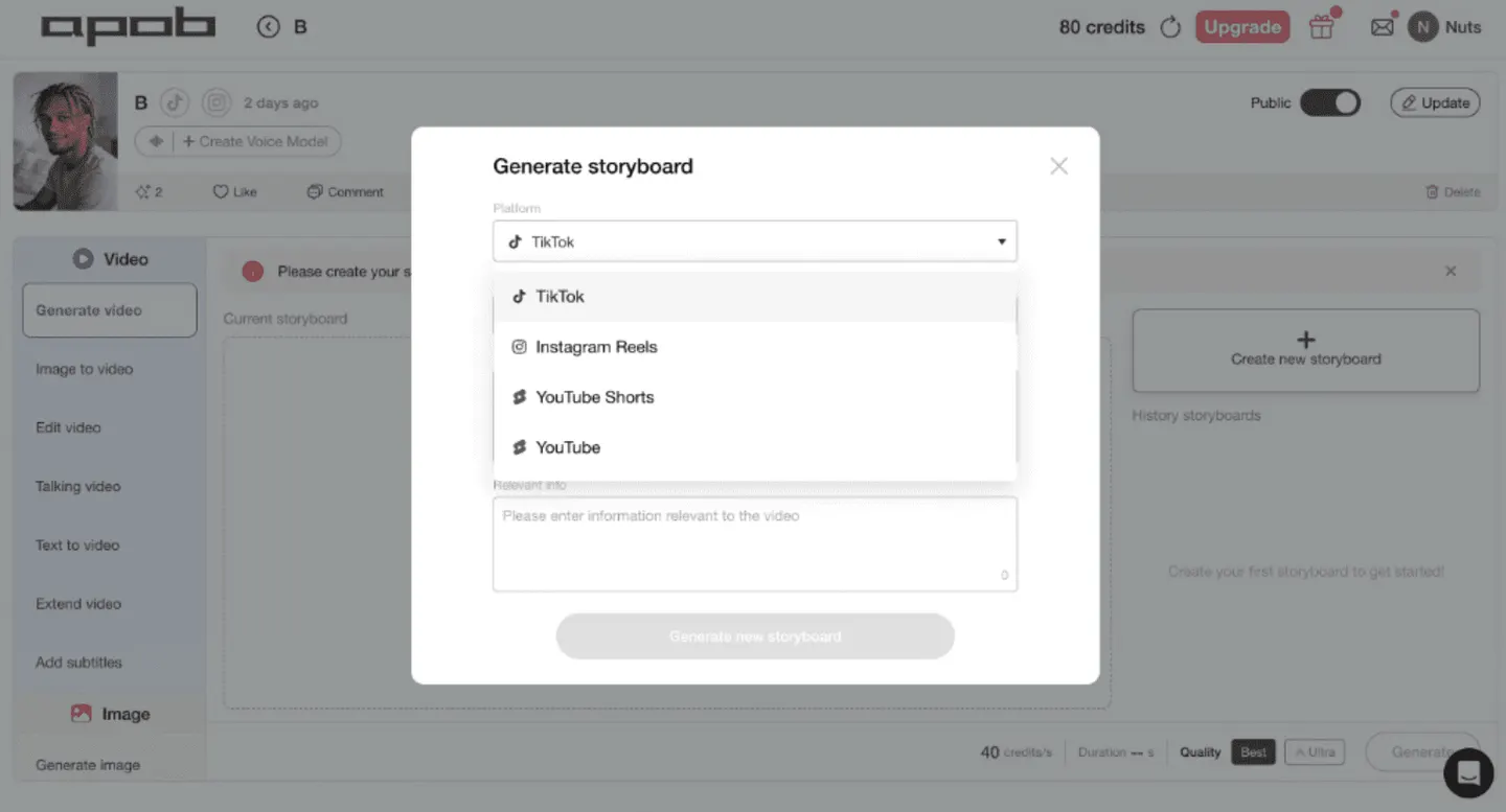 Storyboard modal with platform selection and script input fields
