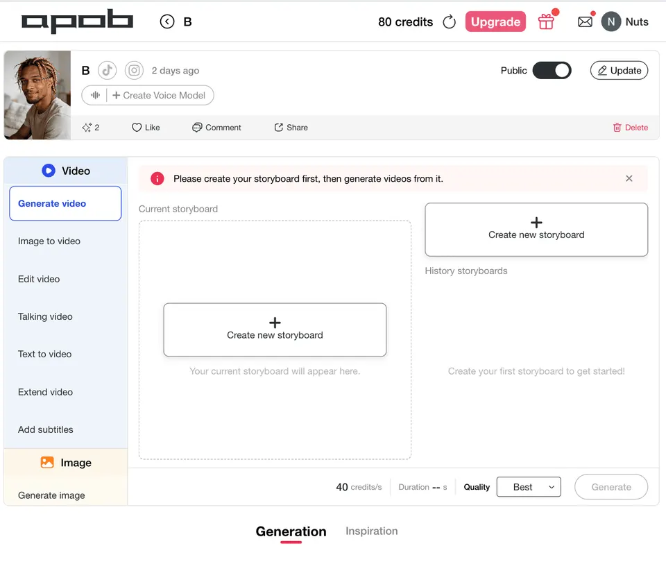 Storyboard setup screen with create canvas targets