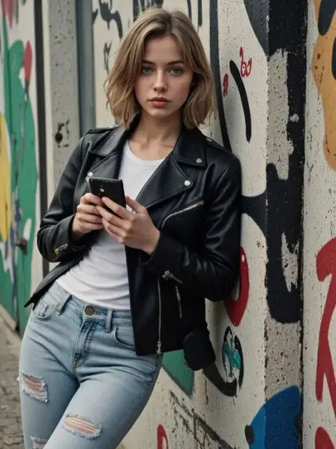 Street style girl in leather, AI girl generator.