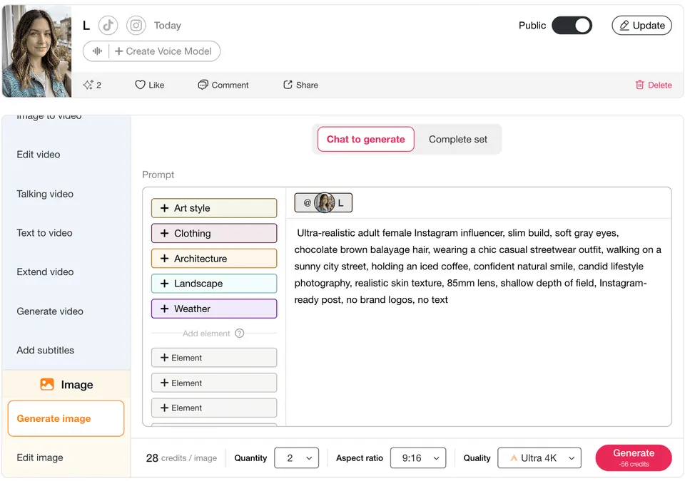 Gerador de imagens do APOB AI com prompt para criar uma influenciadora realista do Instagram em foto lifestyle street style.