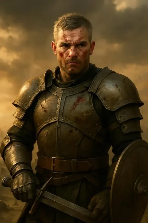 Strong human fighter with sword and shield by AI DnD Character Generator