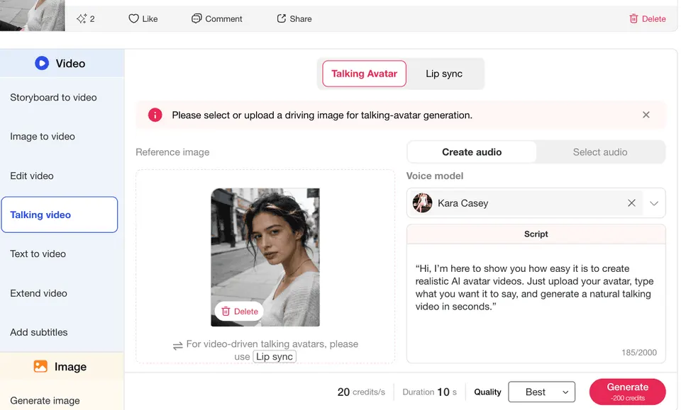 Interface de texte en parole par IA avec une zone de script d’avatar parlant où les utilisateurs saisissent la voix off d’une vidéo d’avatar IA.