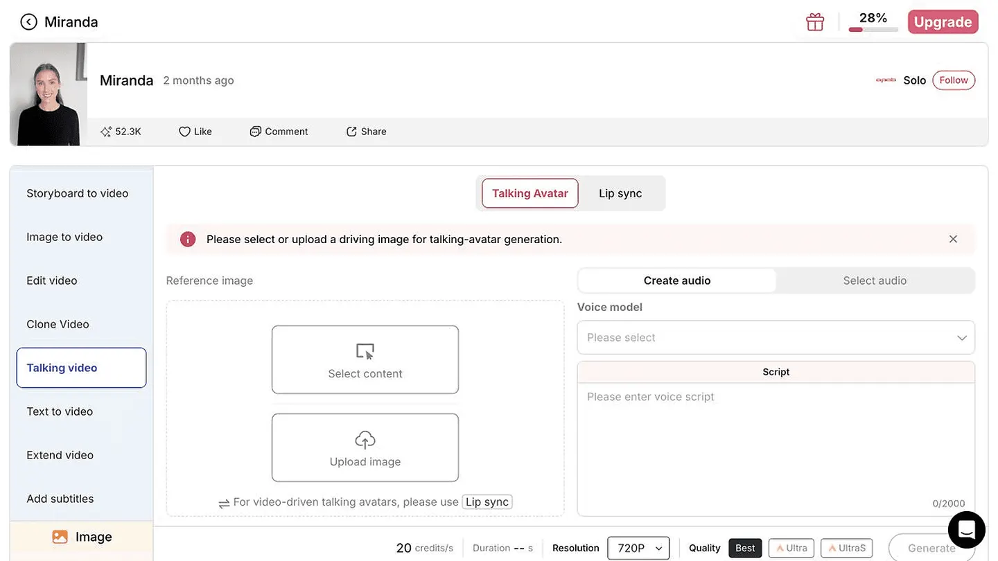 Configuração de avatar falante no APOB AI com o modelo público Community Miranda