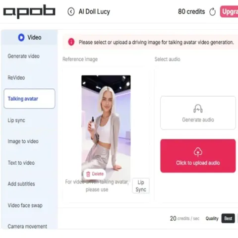 Écran de téléchargement d'avatar parlant pour ajouter de la parole à un personnage IA