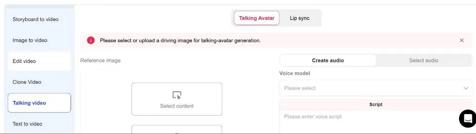 Talking video panel with avatar and lip sync options