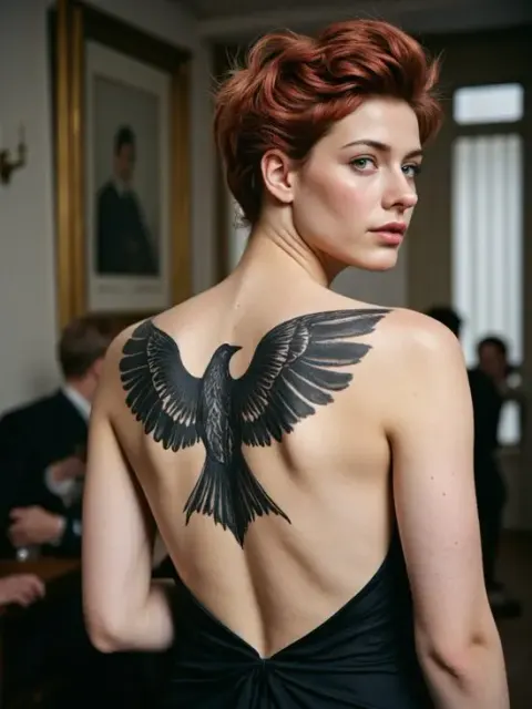 Tattoo einer Blackwork-Krähe auf dem Rücken einer Frau, erstellt mit einem KI-Tattoo-Generator