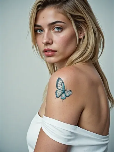 Tattoo eines Aquarell-Schmetterlings auf der Schulter einer Frau von einem KI-Tattoo-Generator