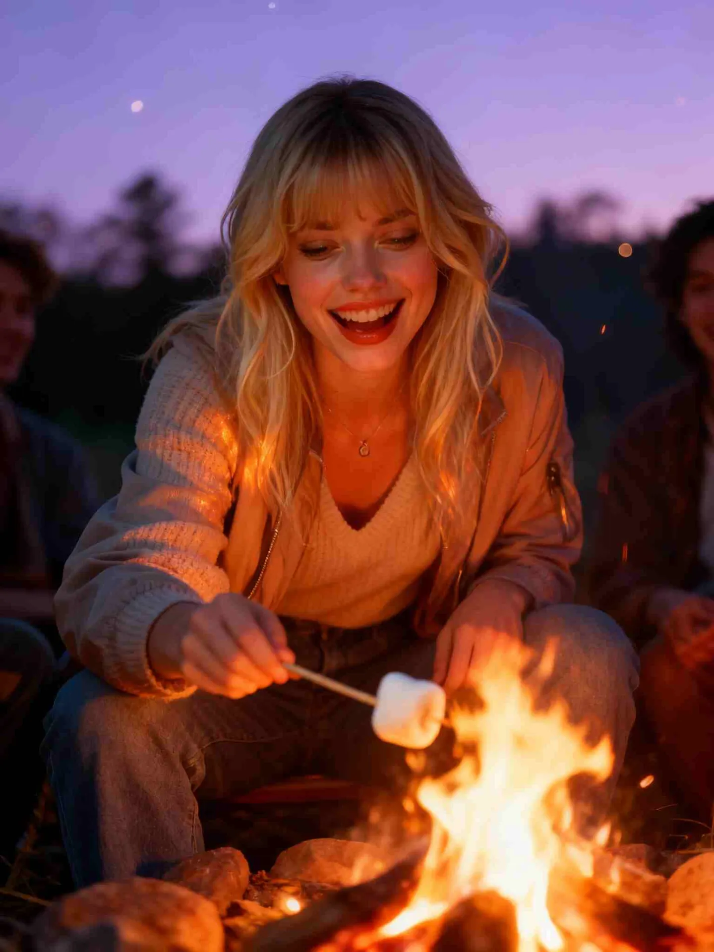 Teenager-Mädchen am Lagerfeuer in der Dämmerung, warmer Glanz, Luma AI Dream Machine.