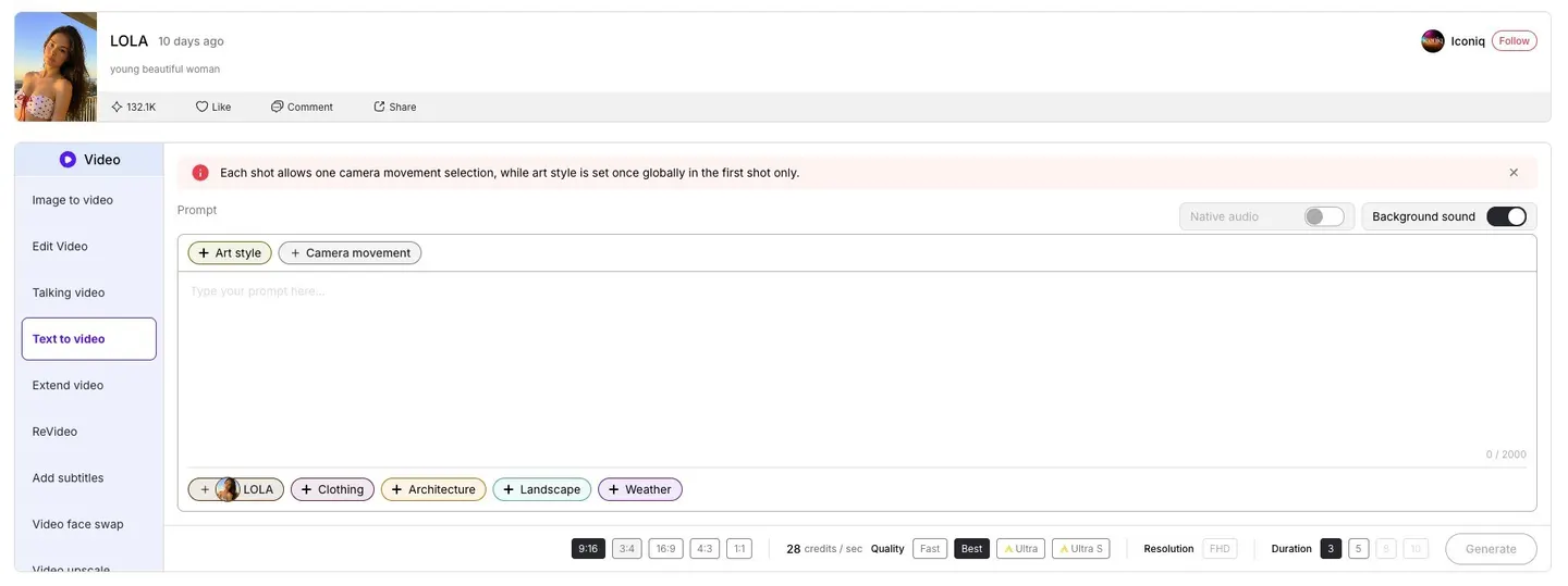Text-zu-Video-Dashboard für Seedance 1.5 AI-Videogenerierung