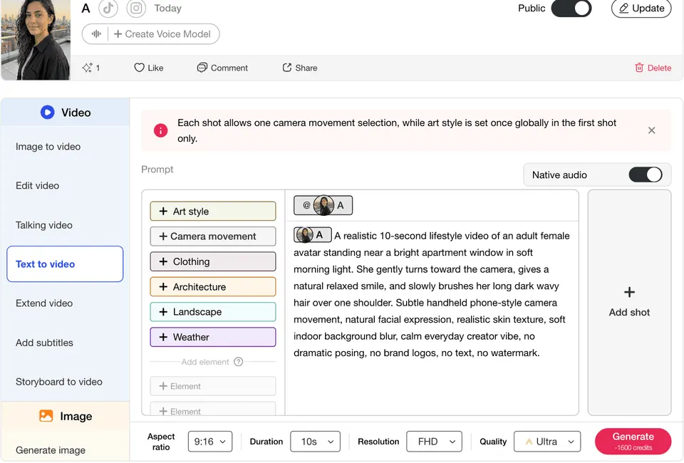 Écran de prompt texte en vidéo montrant une configuration réaliste d’avatar féminin de 10 secondes avec format, durée et qualité.