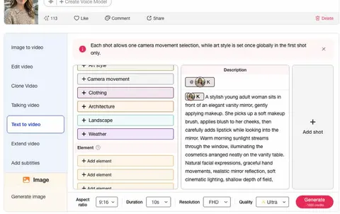 Espace de travail APOB AI Texte en vidéo avec une invite de maquillage personnalisée de 10 secondes, 9:16, résolution FHD et qualité Ultra sélectionnée.