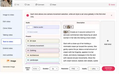 Espace Texte en vidéo d’APOB AI utilisé comme alternative à Runway Gen-4.5, avec prompt, préréglages, mouvement de caméra, format, résolution et bouton Générer.