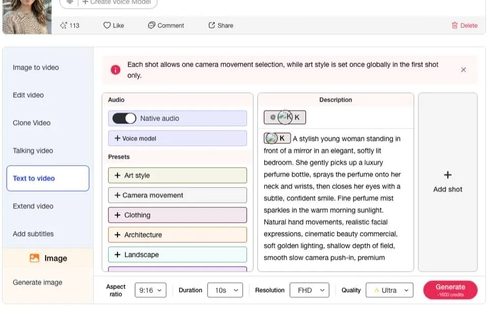 APOB AI Texte en vidéo utilisé comme alternative à FLUX 3, affichant le menu de création, le panneau d’invites, les préréglages, le format d’aspect, la durée, la résolution et le bouton Générer.