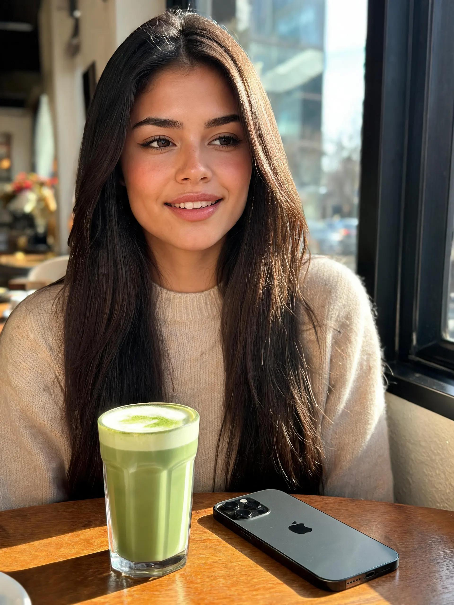 Mulher bebendo um smoothie verde ao lado da janela de um café