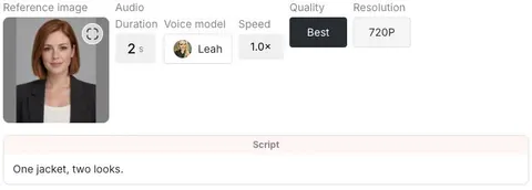 The result detail panel showing Mara's reference image, Leah, two-second duration, speed 1.0×, Best quality, 720P and the submitted script.