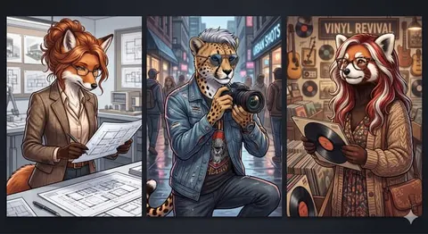 Three anthropomorphic furry characters in illustrated workshop, street, and record-store scenes
