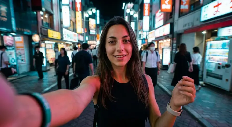 Créatrice de voyage filmant un selfie dans une rue illuminée de Tokyo la nuit