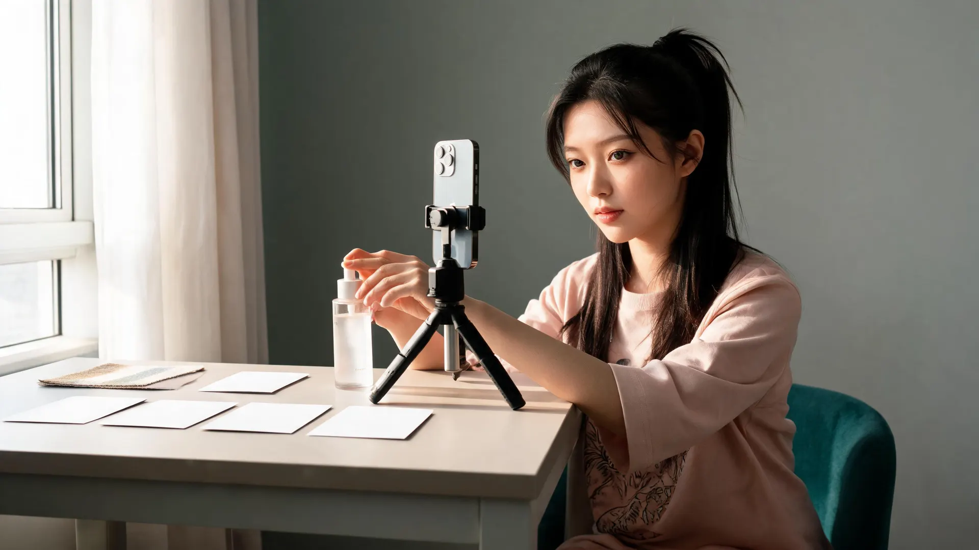 UGC creator testing a controlled product-ad workflow in a compact studio