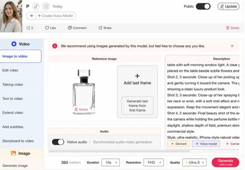 Upload or select a product reference image, then write a clear image-to-video prompt.