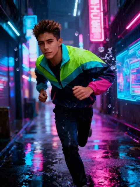 Veo 3.1: Cyberpunk-Mann rennt durch eine neonbeleuchtete Straße.
