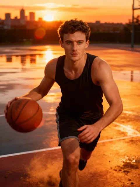 Veo 3.1: KI-Video eines Mannes, der bei Sonnenuntergang Basketball dribbelt.