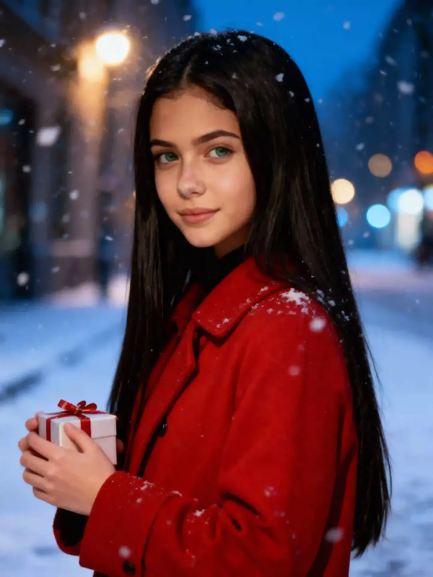 Veo 3.1: Mädchen im roten Mantel im Schneefall.