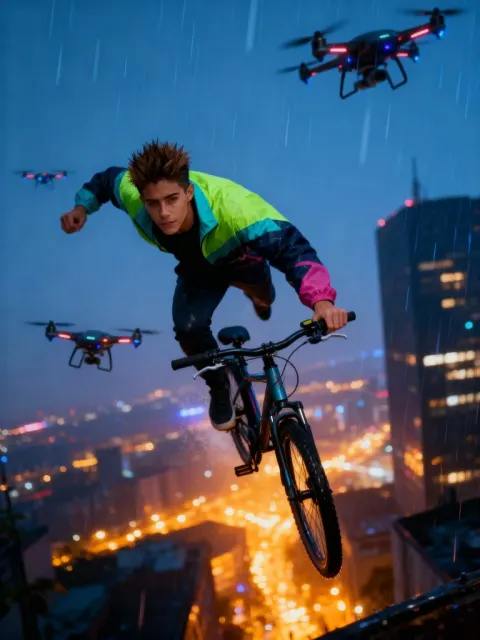 Veo 3.1: Cyberpunk-Mann flieht auf einem fliegenden Bike über einer Neonstadt.