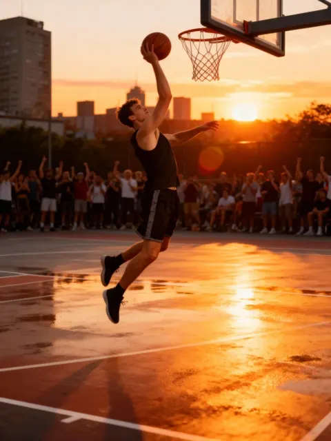 Veo 3.1: Mann beim Basketball-Dunk in filmischer Zeitlupe.
