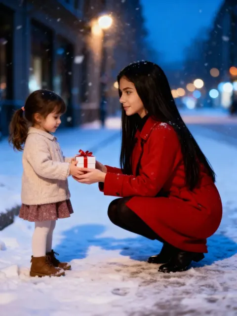 Veo 3.1: Eine junge Frau geht in die Hocke und überreicht einem kleinen Mädchen ein Geschenk.