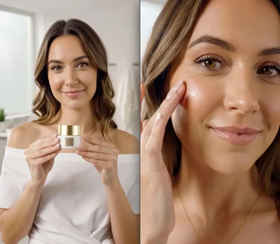 Résultat d’une publicité verticale de soin créée avec APOB AI, montrant une femme tenant une crème puis l’appliquant en gros plan.